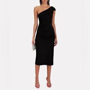 VICTOR GLEMAUD Black One-Shoulder Ruched Jersey Midi Dress Gown Size XS